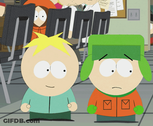 Two South Park Characters Are Standing Next To Each Other And One Has A Letter M On His Jacket GIF