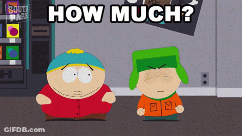 Two South Park Characters Are Standing Next To Each Other And The Words How Much Are Written Above Them GIF