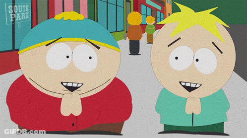 Two South Park Characters Are Standing Next To Each Other On A Sidewalk GIF
