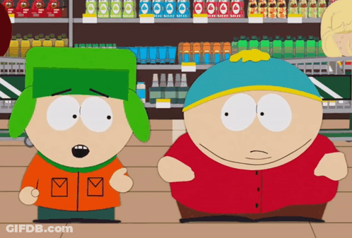 Two South Park Characters By Bottle Shelf GIF