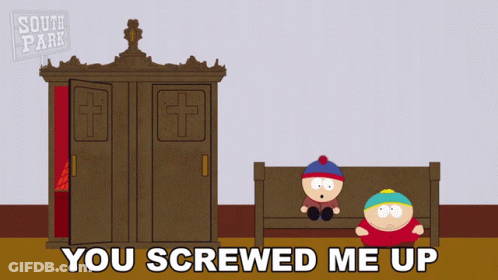 Two South Park Characters Sit On A Bench With The Words You Screwed Me Up Above Them GIF