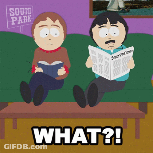 Two South Park Characters Sit On A Couch Reading Newspapers And A Sign That Says South Park GIF
