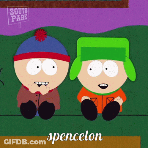 Two South Park Characters Sitting Next To Each Other With The Name Spencer On The Bottom GIF