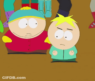 Two South Park Characters Standing Next To Each Other On A Brown Background GIF