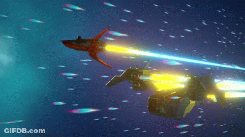 Two Spaceships Are Flying Through Space And One Of Them Is Shooting A Beam Of Light GIF