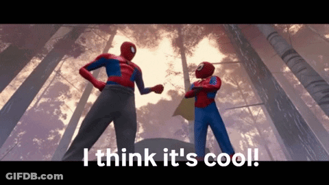 Two Spider-Man Standing Next To Each Other With The Words " I Think It 'S Cool " Written Below Them GIF