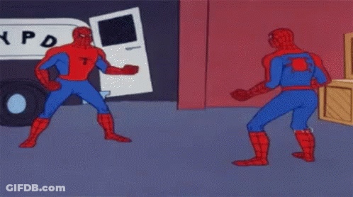 Two Spider Men Are Standing Next To Each Other In Front Of A Van That Says Xpd On It GIF