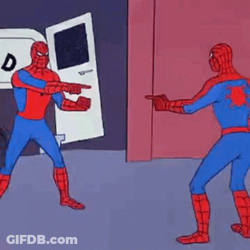 Two Spidermans Are Pointing At Each Other While Standing Next To Each Other In Front Of A Door . GIF