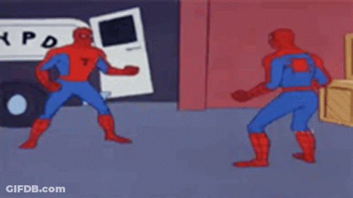 Two Spidermans Are Standing Next To Each Other In Front Of A White Van . GIF