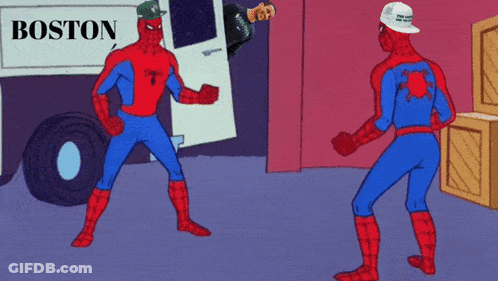 Two Spidermans Standing In Front Of Boston Sign GIF