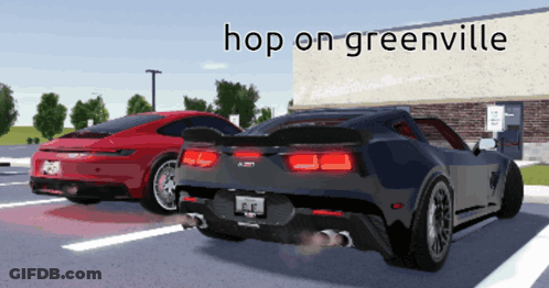 Two Sports Cars Are Parked In A Parking Lot With The Words Hop On Greenville On The Bottom GIF