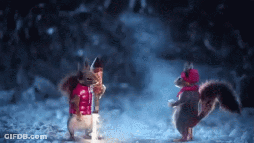 Two Squirrels Standing In Snow In Christmas Clothes GIF