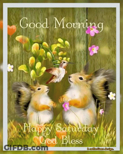 Two Squirrels Standing Next To Each Other With Flowers And A Hummingbird In The Background GIF