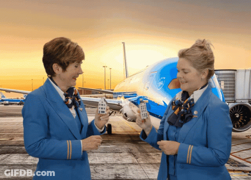 Two Stewardess Holding Small Houses By KLM Plane GIF