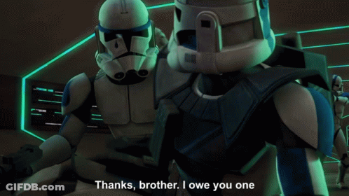 Two Stormtroopers Saying Thanks Brother I Owe You One GIF
