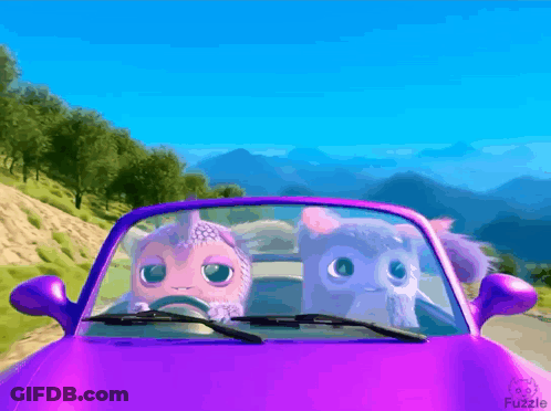 Two Stuffed Animals Are Driving A Purple Car On A Mountain Road GIF