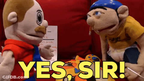 Two Stuffed Animals Are Sitting Next To Each Other With The Words Yes Sir Written In Yellow Letters GIF