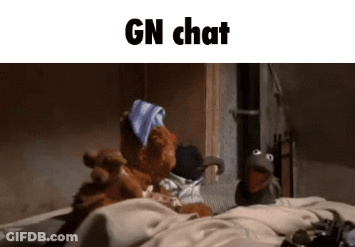 Two Stuffed Animals Are Sitting On A Bed With The Words Gn Chat On The Top GIF
