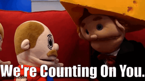 Two Stuffed Animals Are Sitting On A Couch With The Words We 'Re Counting On You GIF