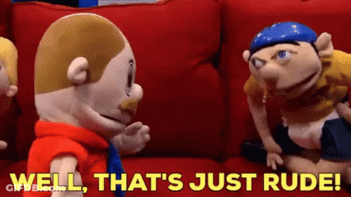 Two Stuffed Animals Are Sitting On A Red Couch And One Of Them Is Saying Well That 'S Just Rude ! GIF