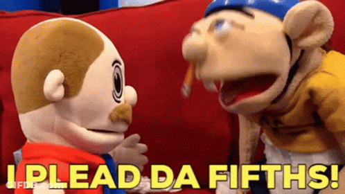 Two Stuffed Animals Are Sitting On A Red Couch And One Says I Plead Da Fifths ! GIF