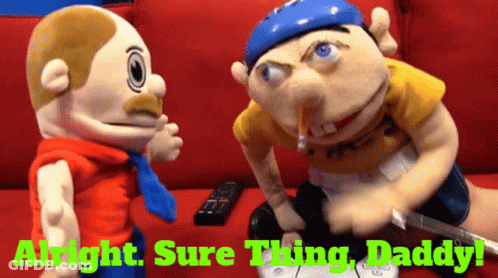 Two Stuffed Animals Are Sitting On A Red Couch With The Words Alright Sure Thing Daddy GIF