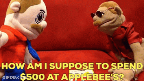Two Stuffed Animals Are Sitting On A Red Couch With The Words How Am I Suppose To Spend $ 500 GIF