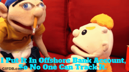 Two Stuffed Animals Are Sitting On A Red Couch With The Words " Put It In Offshore Bank Account So No One Can Track It " GIF