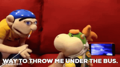 Two Stuffed Animals Are Sitting On A Red Couch With The Words Way To Throw Me Under The Bus GIF