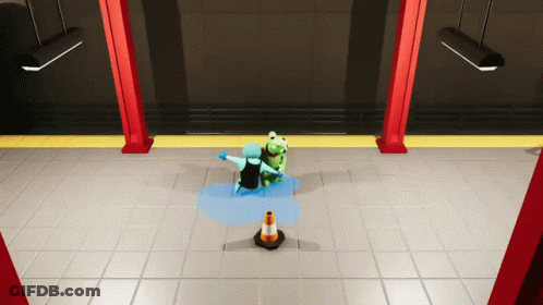 Two Stuffed Animals Are Standing In A Puddle On The Floor GIF