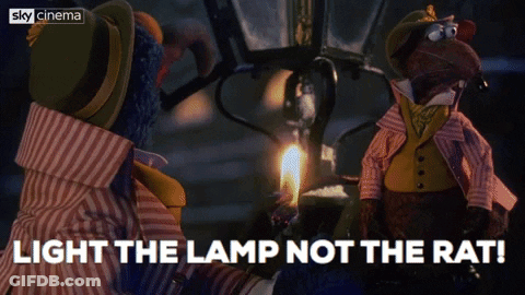 Two Stuffed Animals Are Standing Next To A Lamp With The Words Light The Lamp Not The Rat Below Them GIF