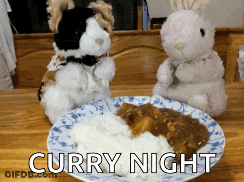 Two Stuffed Animals Are Standing Next To A Plate Of Curry GIF