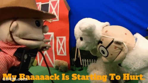 Two Stuffed Animals Are Standing Next To Each Other With The Words " My Baaaack Is Starting To Hurt " Above Them GIF