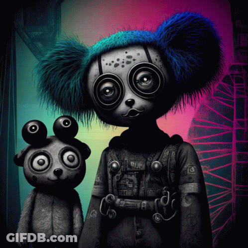 Two Stuffed Animals Blue Hat And Black Jacket GIF
