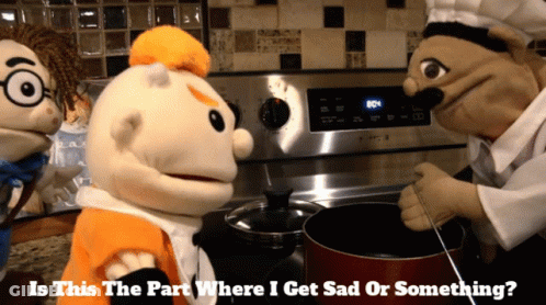 Two Stuffed Animals Cooking On Stove Saying Is This The Part Where I Get Sad Or Something GIF