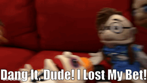 Two Stuffed Animals Dang It Dude Lost Bet Red Couch GIF