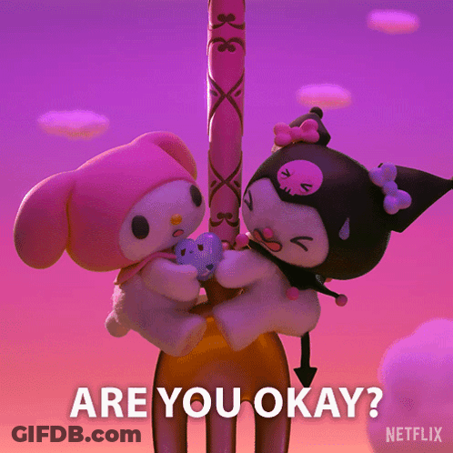 Two Stuffed Animals Hanging From Fork Saying Are You Okay GIF