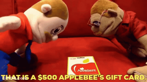 Two Stuffed Animals Looking At An Applebee Gift Card GIF