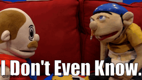 Two Stuffed Animals On Red Couch Saying I Don't Even Know GIF
