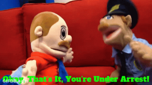 Two Stuffed Animals On Red Couch Saying Okay That's It You're Under Arrest GIF