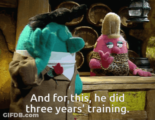 Two Stuffed Animals Saying And For This He Did Three Years Training GIF