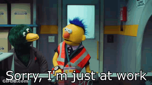 Two Stuffed Animals Saying Sorry I'm Just At Work GIF