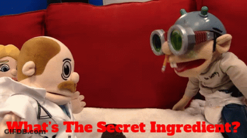 Two Stuffed Animals Sitting On A Couch With The Words " What 'S The Secret Ingredient " GIF