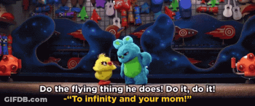 Two Stuffed Animals Standing Next To Each Other With The Words Do The Flying Thing He Does GIF