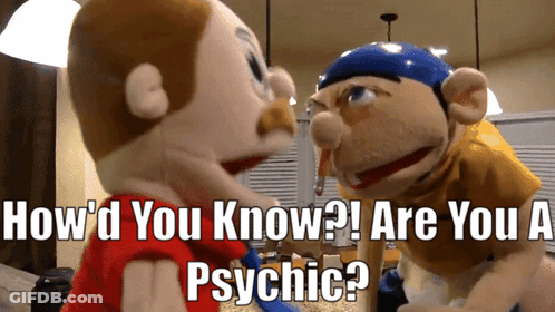 Two Stuffed Animals Standing Next To Each Other With The Words How 'D You Know Are You A Psychic GIF
