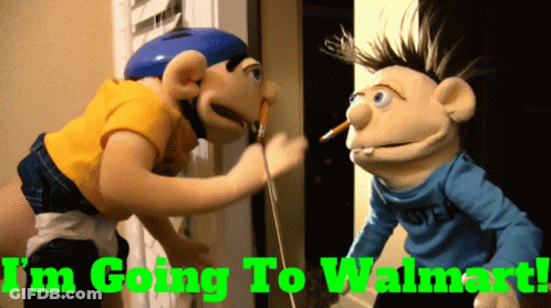 Two Stuffed Animals Standing Next To Each Other With The Words " I 'M Going To Walmart " In Green Letters GIF