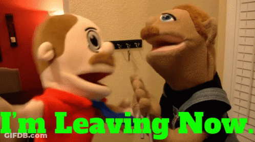 Two Stuffed Animals Standing Next To Each Other With The Words " I 'M Leaving Now " GIF