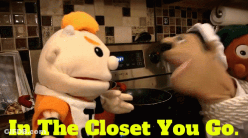 Two Stuffed Animals Standing Next To Each Other With The Words In The Closet You Go GIF