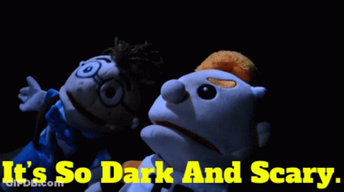 Two Stuffed Animals Standing Next To Each Other With The Words It 'S So Dark And Scary Above Them GIF