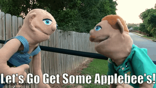 Two Stuffed Animals Standing Next To Each Other With The Words Let 'S Go Get Some Applebee 'S On The Bottom GIF
